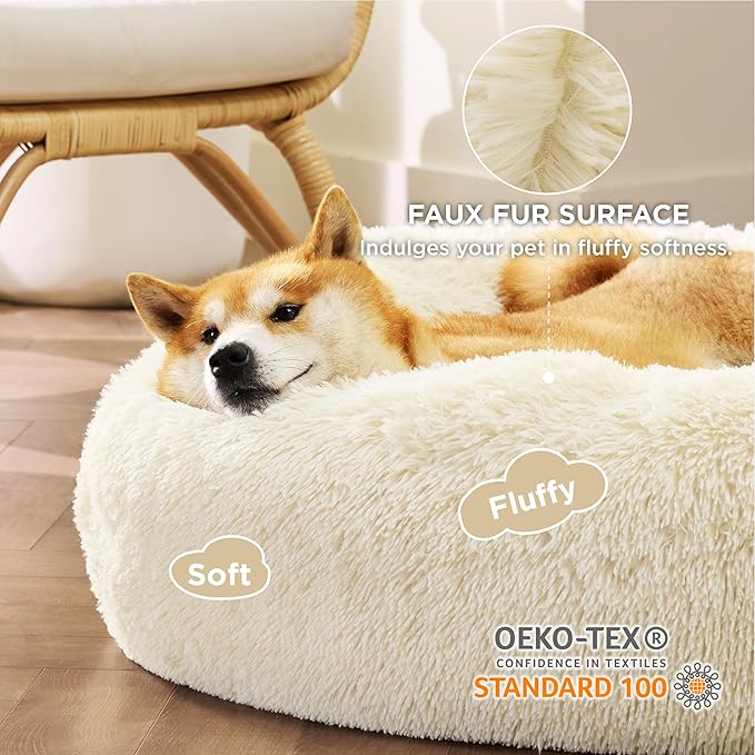 Bedsure Calming Dog Bed for Medium Dogs - Donut Washable Medium Pet Bed, Anti-Slip Round Fluffy Plush Faux Fur Cat Bed, Fits up to 45 lbs Pets, Cream, 30 inches