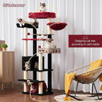 Cat Tree with Tunnel, Cat Tower for Indoor Cats, Tall Gothic Cat Tree Tower with Cat Condo, Food Station, Large Platform, Scratching Posts, Hammock, Black and Red GCT021BR