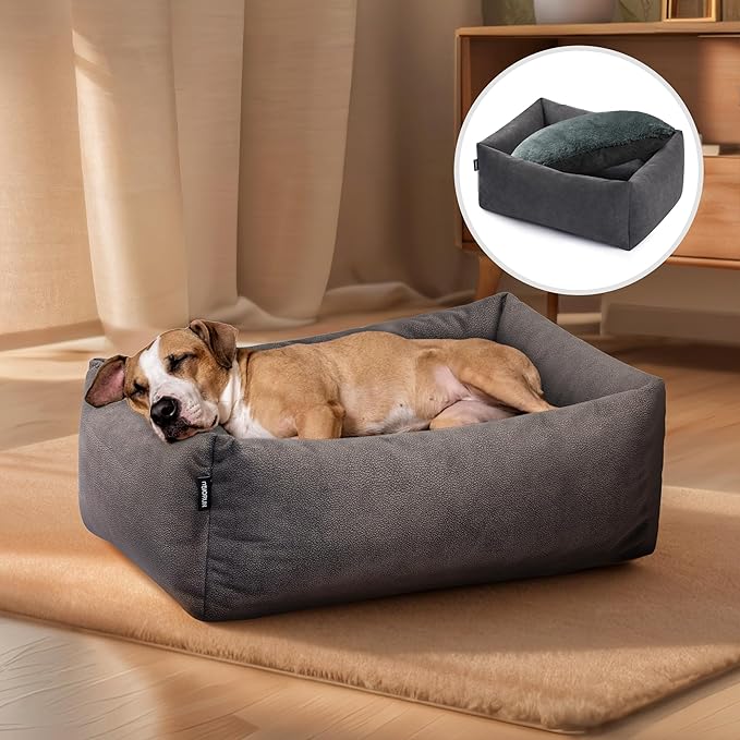 Orthopedic Dog Bed for Large Sized Dog, 36" Waterproof Pet Sofa with Bolster Sides, Washable Couch with Reversible Plush Cushion, Supportive Memory Foam and Calming Design for Crates (Gray, L)