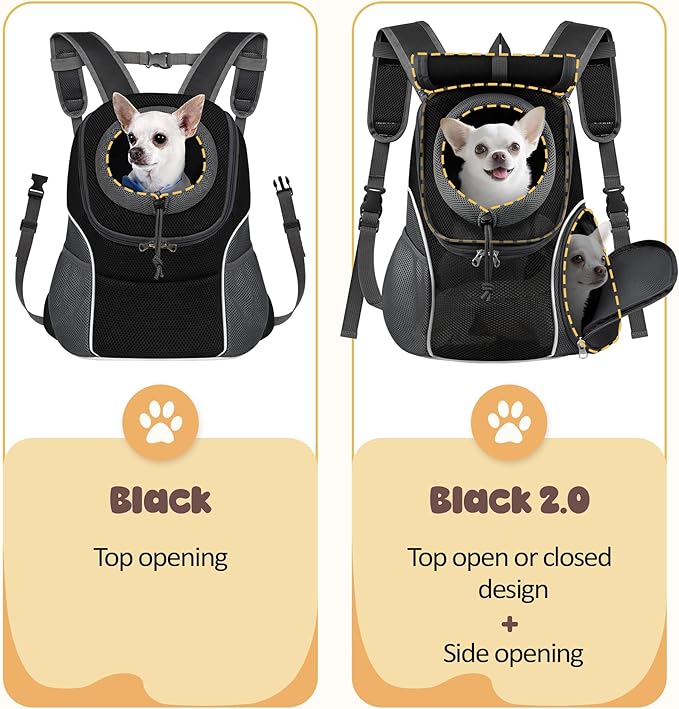 WOYYHO Pet Dog Carrier Backpack with Top and Side Windows, Small Dog Front Backpack Ventilated Dog Back Pack with Safety Belt for Travel Hiking Outdoor Adventures (Size M: 5-9 lbs, Black 2.0)