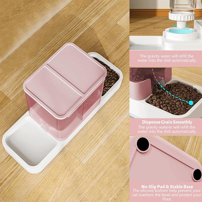 Automatic Small Pet Feeder and Water Dispenser, 2 in 1 Gravity Cat Auto Cat Small Medium Dog Feeder and Waterer Set Dish for Puppy Kitten Pets (Pink)