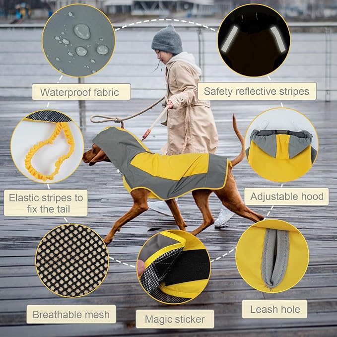IECOii Large Dog Raincoat Waterproof,Hooded Rain Jacket Keep Dog Dry in Wet Weather,Reflective Rain Poncho Clothes with Convenient Leash Hole/Adjustable Magic Sticker/Easy On and Off/,Yellow,Large