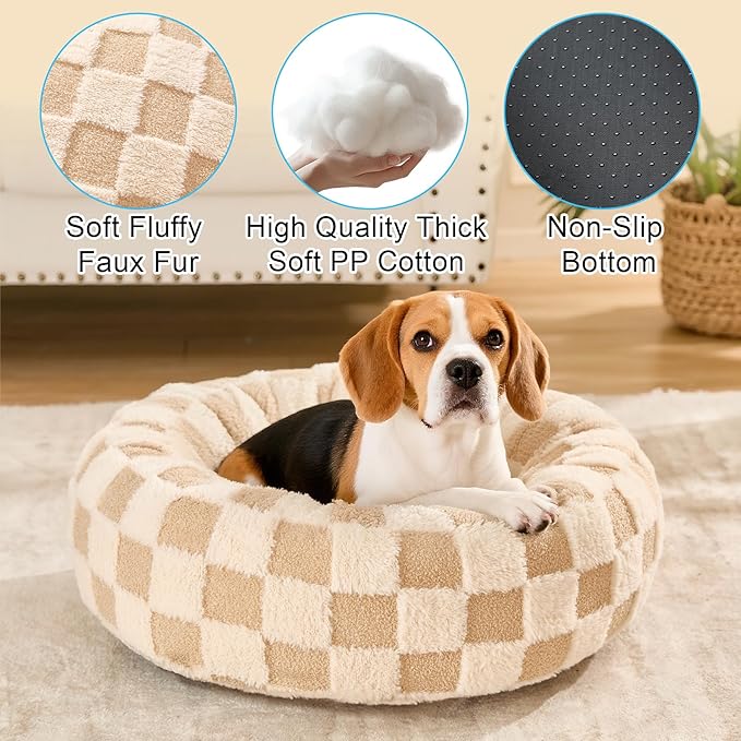 Dog Calming Beds for Small Medium Large Dogs - Round Donut Washable Puppy Dog Bed, Anti-Slip Faux Fur Fluffy Donut Cuddle Anxiety Cat Pet Bed (36" Grid)
