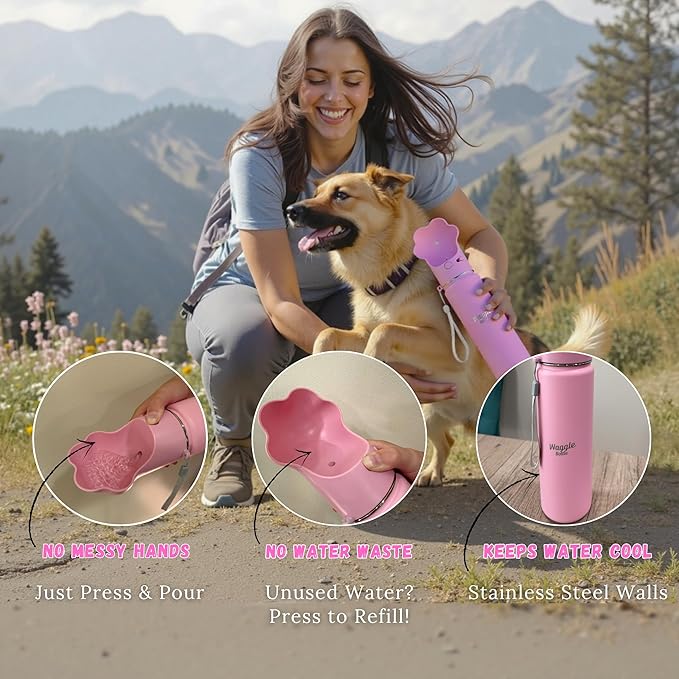 Stainless Steel Dog Travel Water Bottle, Vacuum Insulated Portable Dog Water Dispenser, Drink Cup and Snack Container On The Go, Outdoor Walking, Hiking, Travel (Pink, 22oz)