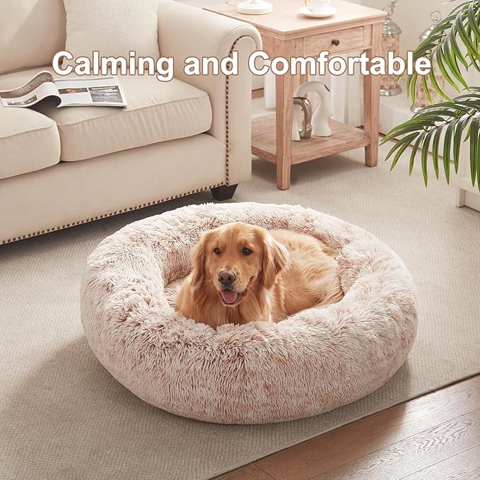 36 inches Donut Dog Bed for Large Dogs -Calming Fluffy Round Pet Bed with Removable & Washable Cover,Fits up to 100 lbs Pets (Brown,Large)