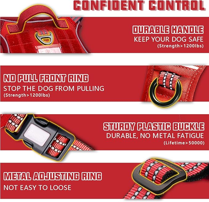 AUROTH Tactical Dog Harness for Large Dogs No Pull Adjustable Pet Harness Reflective K9 Working Training Easy Control Pet Vest Military Service Dog Harnesses Red S