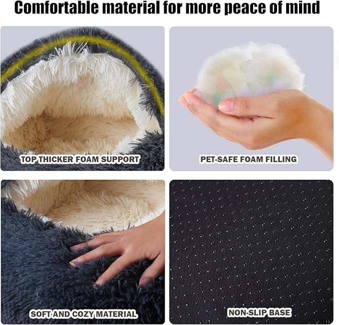 Calming Dog Beds & Cat Cave Bed with Hooded Cover,Washable Round Beds for Small Medium Pets,Anti-Slip Faux Fur Fluffy Coved Bed,Comfortable Warming Pet Bed(24 * 24inch,Dark Gray)