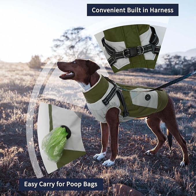 IECOii Dog Coat for Large Dogs Waterproof Dog Winter Jacket with Harness Built in, Green - XXLarge, Thermal Warm Fleece Lined, Reflective Dogs Jackets for Cold Weather Camping, Hiking, Pitbull