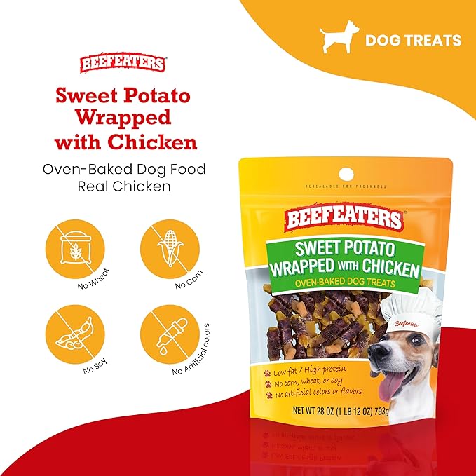 Beefeaters Sweet Potato Wrap with Chicken – Dog Treat. No Corn, Wheat, Soy or Gluten, Low Fat, Whole Muscle Jerky, Ideal for Training & Snacks