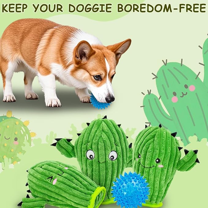 No Stuffing 3 Pack Squeaky Dog Toys- 2 in 1 Interactive Plush Dog Toy- Cactus Shaped Rip and Reveal Toy for Puppies- Perfect for Indoor & Outdoor Play- Training & Toss & Play