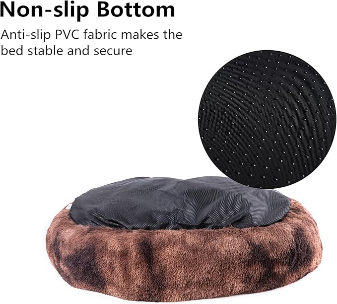 Oval Calming Donut Cuddler Dog Bed,Shag Faux Fur Cat Bed Washable Round Pillow Pet Bed(30"/36"/43") for Small Medium Dogs (XL(36"x27"x7"), Brown2021)