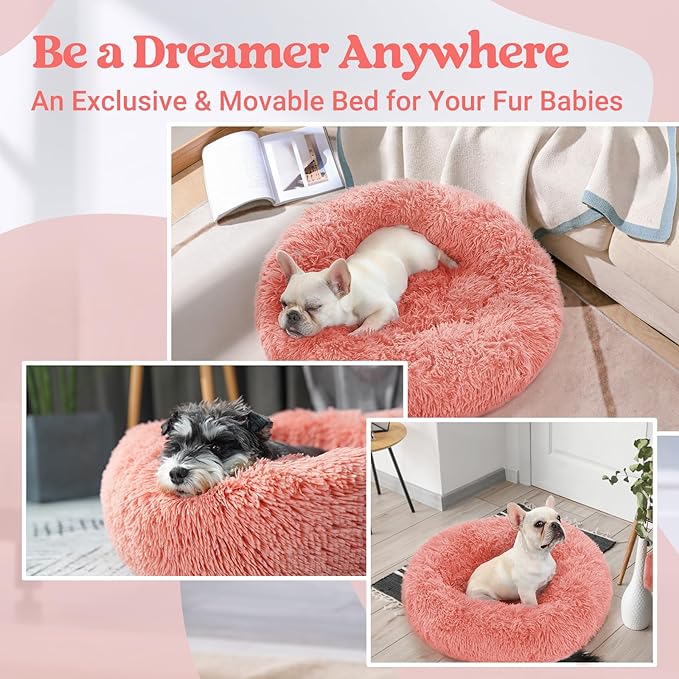 rabbitgoo Calming Dog Bed for Small Medium Dog, 27 inches Pet Bed Machine Washable, Non-Slip Round Fluffy Plush Faux Fur Dog Bed, Soft Donut Cuddler Cushion for Small Dog, Pink