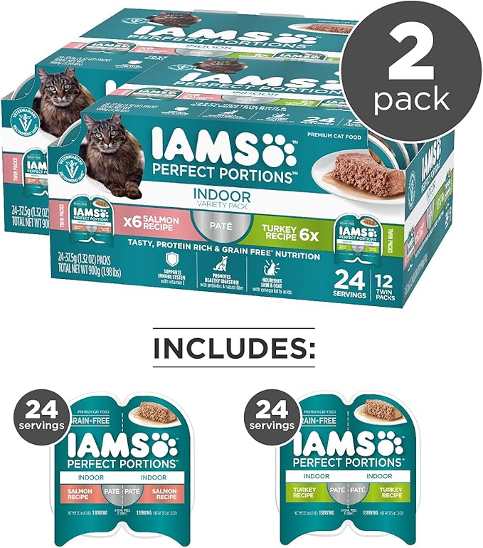 IAMS Perfect Portions Indoor Adult Grain Free Wet Cat Food Pate, Turkey and Salmon Recipe, 2.6 oz. Twin-Pack Trays (12 Count, 24 Servings) (Pack of 2)