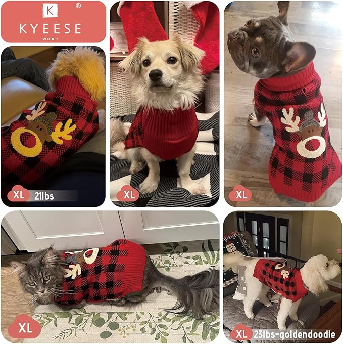 KYEESE Dog Christmas Sweater Reindeer with Leash Hole Christmas Dogs Sweater Red Buffalo Check Pet Sweater Dog Christmas Outfit,XL