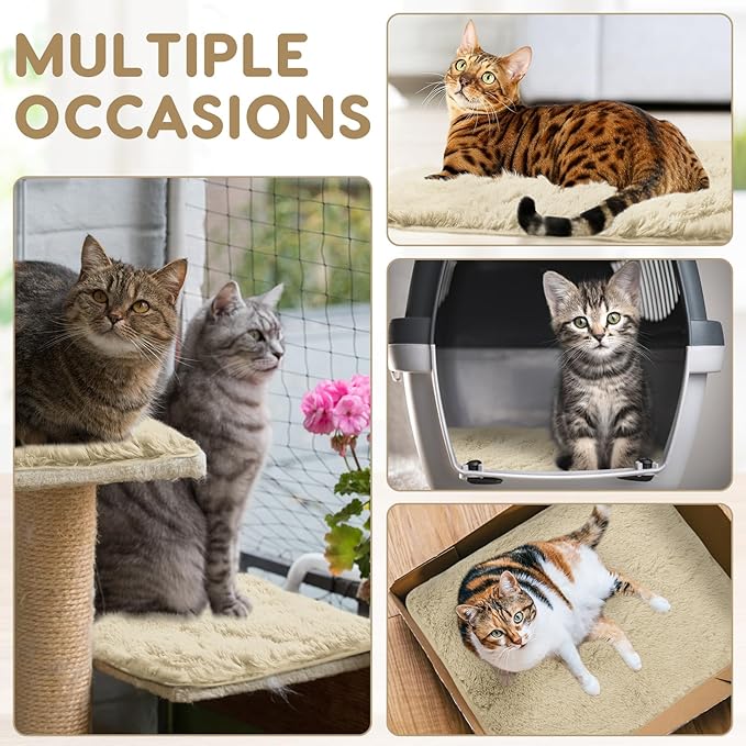 4 Pack Self Warming Cat Bed Pad Self Heating Cat Dog Mat with Fluffy Faux Fur Plush Cat Calming Bed Thermal Cat Mat Washable Pet Pad Anti Slip Bottom for Outdoor Indoor Pets (Camel,16" X 20")