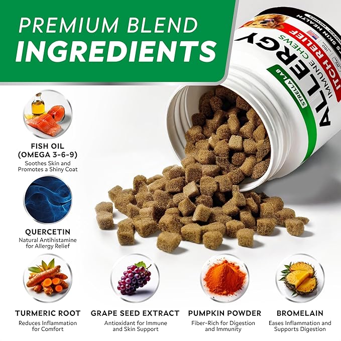 STRELLALAB Dog Allergy Relief & Anti Itch Support Chews w/Omega 3: Real Ingredients, Real Taste! Skin & Coat Immune Supplement w/Fish Oil, Pumpkin & Enzymes — BBQ Chicken - 180Ct