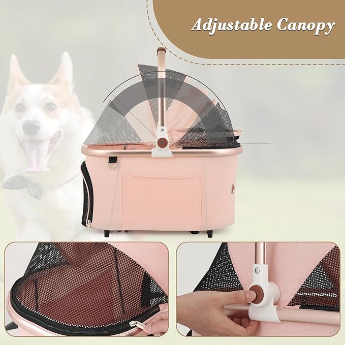 Athena collection Dog Stroller for Small Dogs,One-Hand-Fold Pet Stroller with Detachable Carrier,Lightweight Cat Stroller up to 22lbs(Soft Pink)