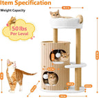 Modern Cat Tree for Indoor Cats, 36in H Cat Condo Tower with Scratching Posts, Cozy Cat Bed Cave, Washable Cushions, Dangling Balls, Play & Nap Structure for All Breeds of Cats, Brown & White