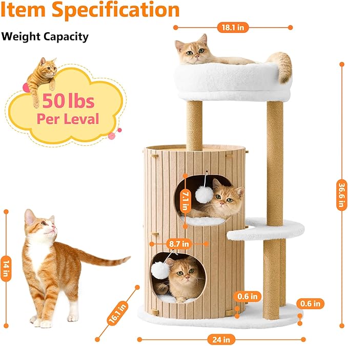 Modern Cat Tree for Indoor Cats, 36in H Cat Condo Tower with Scratching Posts, Cozy Cat Bed Cave, Washable Cushions, Dangling Balls, Play & Nap Structure for All Breeds of Cats, Brown & White