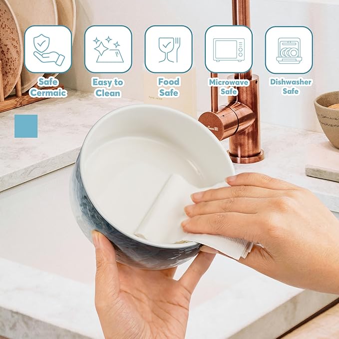 YOBRO Elegant Dog Bowls Set for Small Breeds, Beautiful Ceramic Stone Alike Style, Pet Bowl Set with Wooden Stand, Non-Slip,Modern Food or Water Dishs for Small Size Dogs, Gifts for Dog Owners, Blue