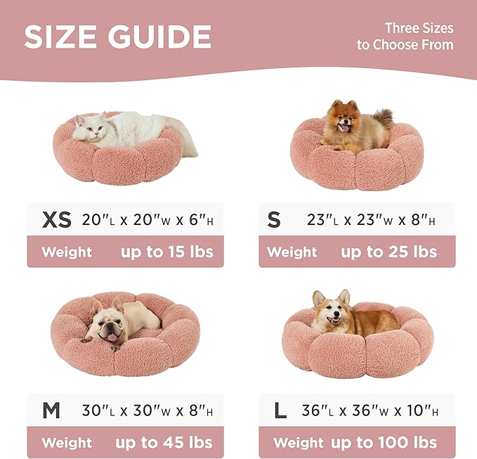 Lesure Calming Cat Beds for Indoor Cats - Cute Flower Pet Beds in Teddy Sherpa Plush, Donut Round Fluffy Puppy Bed, Non-Slip Extra Small Dog Bed Fits up to 15 lbs, Machine Washable, Pink 20"