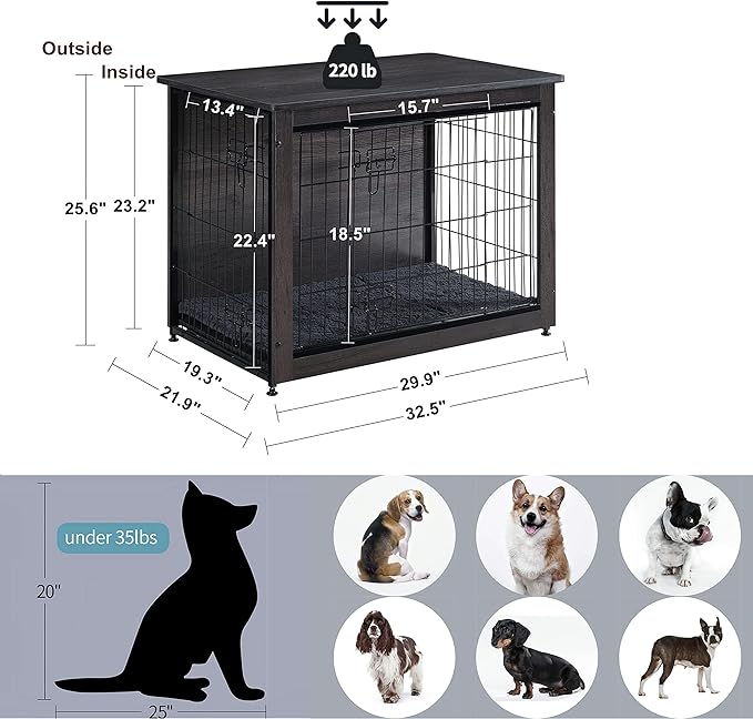 DWANTON Dog Crate Furniture with Cushion, Wooden Kennel Table with Double Doors, Indoor Dog House, Medium Size, 32.5" L, Dark Gray
