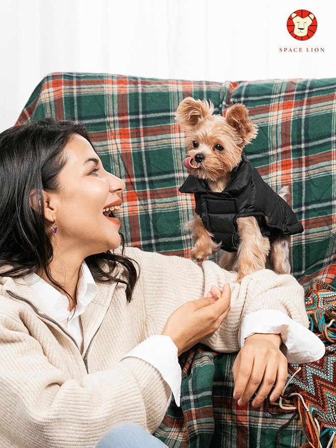 SPACE LION Puffer Jacket, Down Winter Coat, Waterproof, Windproof, Lightweight Jacket, Adjustable Fit for Small Dogs(Black,XS)