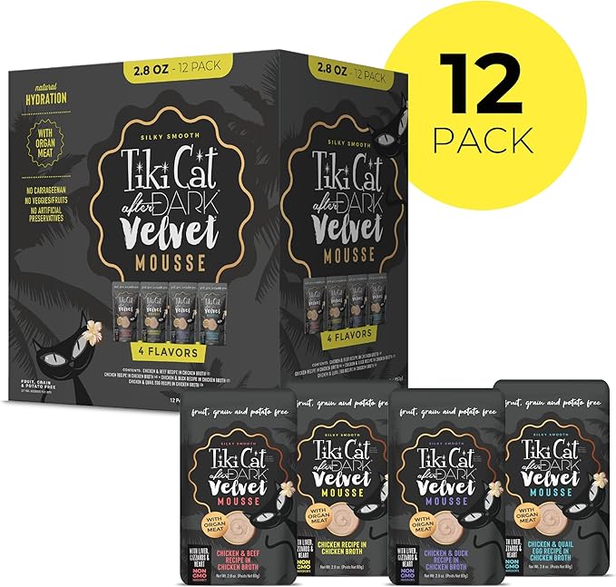 Tiki Cat After Dark, Velvet Mousse, Variety Pack, Grain & Potato Free Formula, with High Protein & Nutrient Dense Blended Irresistible Organ Meat, 2.8 oz. Pouch (Pack of 12)