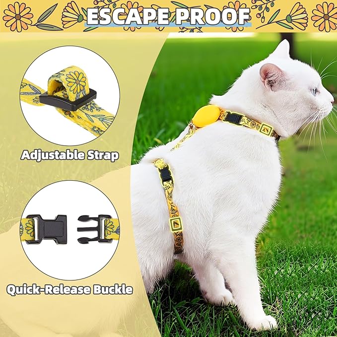 PUPTECK Adjustable Cat Harness and Leash Set Escape Proof Kitten Strap Collar for Walking Travel, Floral Pattern