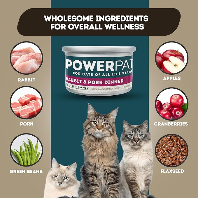 Only Natural Pet PowerPate Grain-Free Rabbit & Pork Wet Cat Food - High Protein, with Hydrating Broth - Healthy Balanced Nutrition for Kittens & Cats of All Life Stages, 2.75 oz Cans, Case of 12 (R)