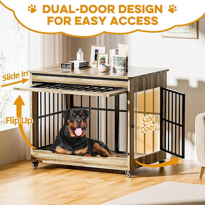 46" Large Dog Crate Furniture, Double Door Wooden Indoor Dog Kennel Furniture, Decorative Pet Cage End Table with Wheels for Extra Large Breed Dogs, Size 2XL, Rustic Brown