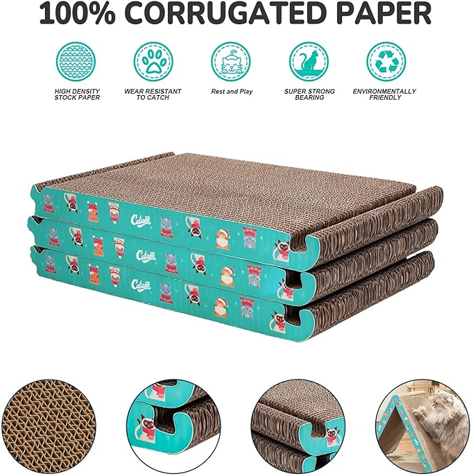 CATISM Cat Scratcher Cat Scratching Board - Foldable - Triangle, 6 Usable Sides Scratchers for Indoor Cats, Durable Recyclable Cats Cardboard Vertical(Pack of 3)