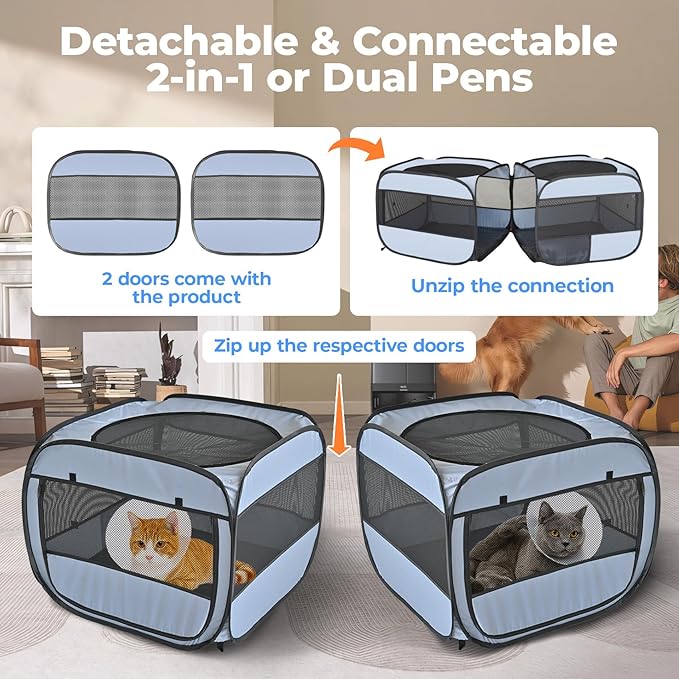 2-in-1 Pop Up Puppy Playpen, Detachable into 2 Separate Pens with Additional Doors, Assembly-Free Portable Cat Dog Crates Pet Pen Tent Kennel Kitten Enclosure Cage Indoor Outdoor Foldable Condo(L)