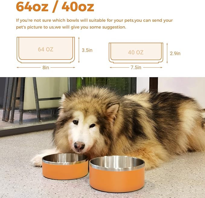 LIHONG Stainless Steel Dog Bowls for Large Dogs,Dog Food Water Bowls with Non Slip Rubber Bottom,Pet Feeding Bowl,Double Wall Insulated,Rustproof(64oz,Orange)