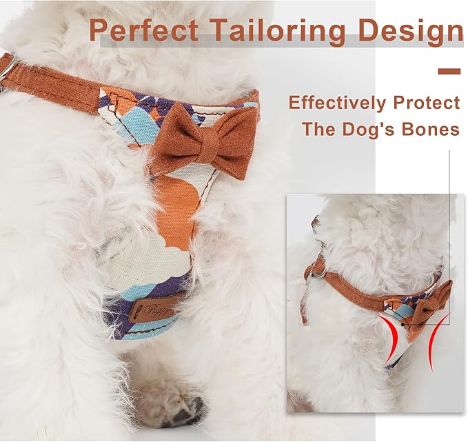 Puppytie No Pull xs Dog Harness with Multifunction Dog Leash,Soft Adjustable No Choke Escape Proof Pet Harness Vest,Suede Bow Brown,XXS
