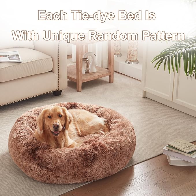 36 inches Donut Dog Bed for Large Dogs - Calming Fluffy Round Pet Bed with Removable & Washable Cover,Fits up to 100 lbs Pets (Tie-dye Brown,Large)