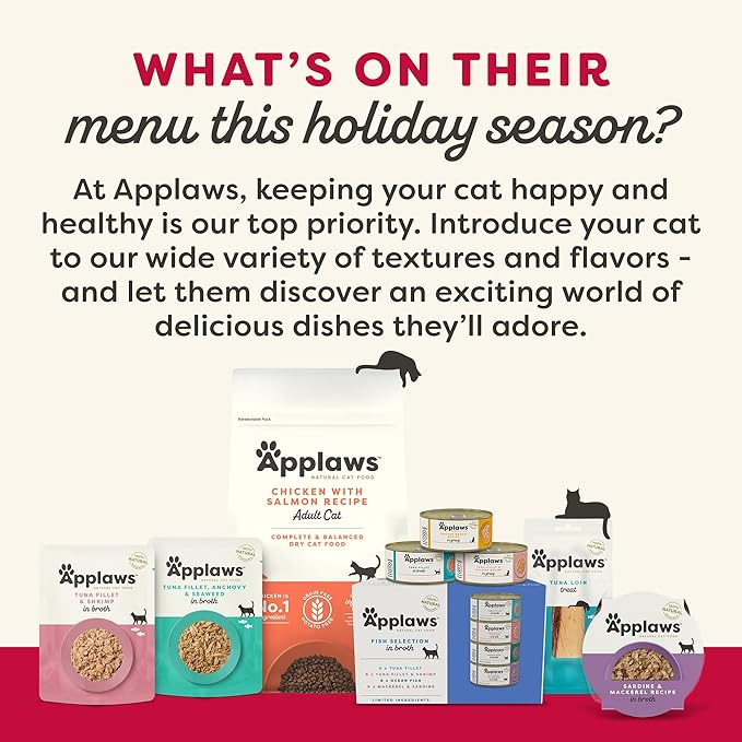 Applaws Holiday Natural Cat Treats, Grain-Free, Single Ingredient, Whole Protein Fillet, Healthy Snacks with No Artificial Additives or Fillers (12 x 1.06 oz Whole Chicken, Tuna & Salmon Loins)