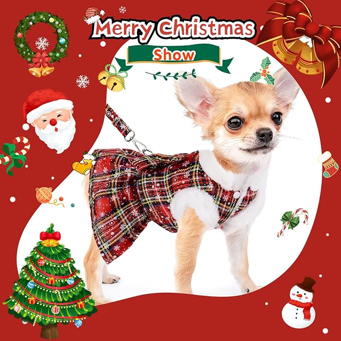 Dog Sweater Dress, Puppy Sweaters for Small Dogs Girl Winter Pet Clothes Outfit for Chihuahua Yorkie Teacup Cold Weather Red Plaid Cat Apparel Clothes (X-Small, Red)