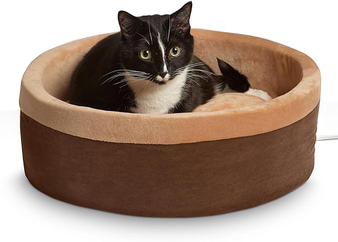 K&H Pet Products Thermo-Kitty Bed Heated Cat Bed for Indoor Cats , Electric Warming Bed for Cats and Small Dogs, Washable Thermal Plush Calming Round Pet Bed - Large 20" Mocha/Tan