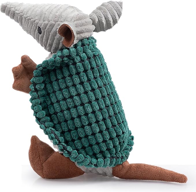 Hollypet Plush Dog Squeaky Toy Stuffed Armadillo Animal Pet Puppy Chew Toys with Clean Teeth for Small Medium Large All Breed Sizes Dogs, Deep Green, 10in