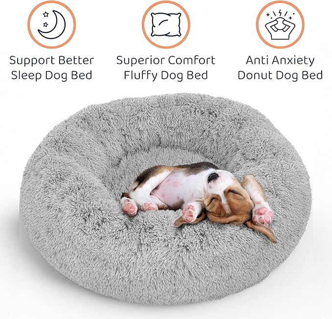 Donut Dog Bed - Premium Comfort for Anxiety Relief - Fluffy & Calming Design with Ultra-Plush Support | Cozy Round Dog Bed with Super Soft Circle Style (Size S Grey)