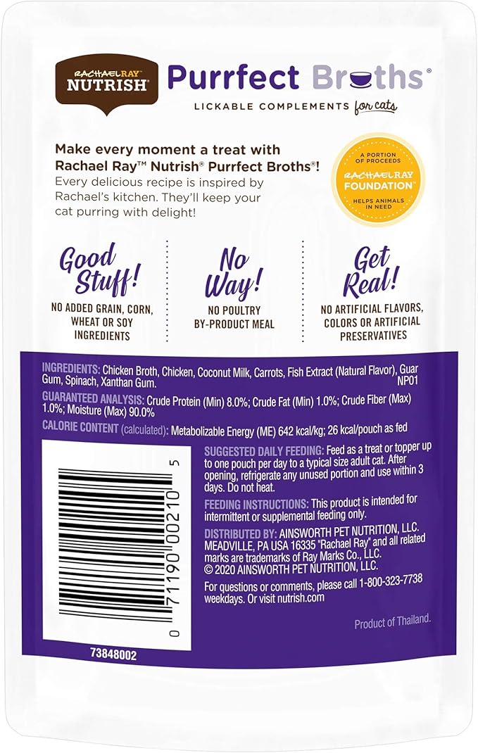 Rachael Ray Nutrish Purrfect Broths Natural Wet Cat Food, Creamy Chicken Bisque with White Meat Chicken & Veggies Recipe, 1.4 Ounce Pouch, Grain Free (Pack of 24)