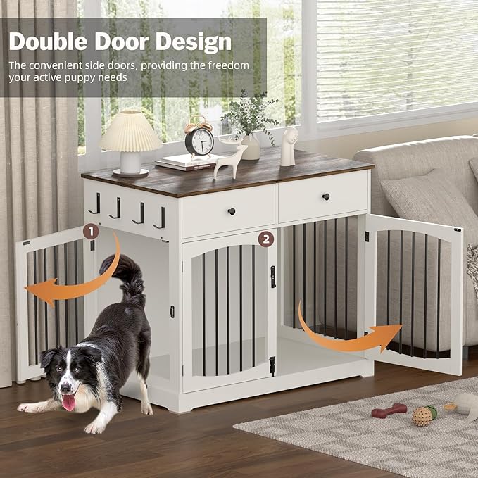40 Inch Furniture-Style Dog Crate-Multipurpose Wood Pet Crate Furniture with Double Doors,2 Drawers, Decorative Dog House Indoor for Smal/Medium Dogs, White Finish