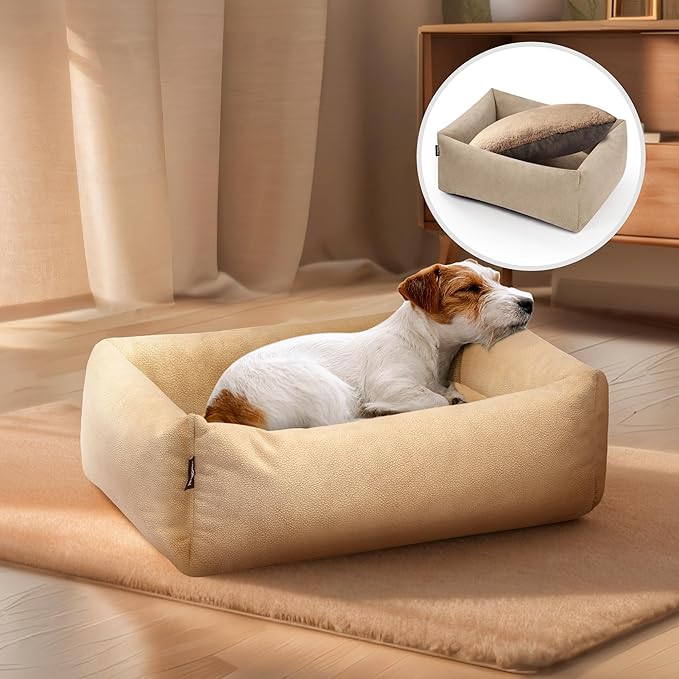 Durable Rectangle Pet Bed for Medium Dogs and Cats, 30" Waterproof Puppy Couch with Non-Slip Base, Washable Calming Sofa with Plush Cushion for Comfortable Indoor Use (Camel, M)