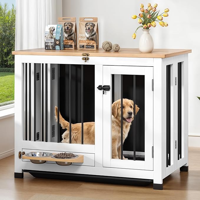 31.5" Dog Crate - Wooden Dog Cage with Removable Tray & 360° Rotating Feeder | Indoor Decorative Dog Kennel Furniture | Multi-Functional Pet End Table for Medium & Small Dogs, Light Walnut