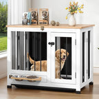 31.5" Dog Crate - Wooden Dog Cage with Removable Tray & 360° Rotating Feeder | Indoor Decorative Dog Kennel Furniture | Multi-Functional Pet End Table for Medium & Small Dogs, Light Walnut