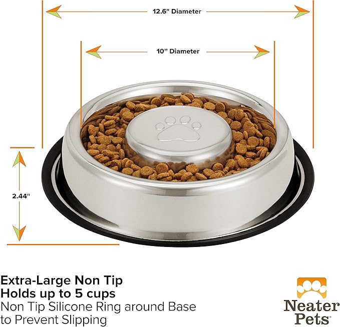 Neater Pet Brands Stainless Steel Slow Feed Bowl - Non-Tip & Non-Skid - Stops Dog Food Gulping, Bloat, Indigestion, and Rapid Eating (5 Cup)