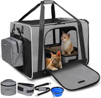 Petskd Extra Large Cat Carrier with Litter Box 24"x17"x17" for Medium Large Cat or 2 Small Cats, Collapsible Soft Sided Pet Carrier for Car Travel with Lockable Safety Zippers(Grey)