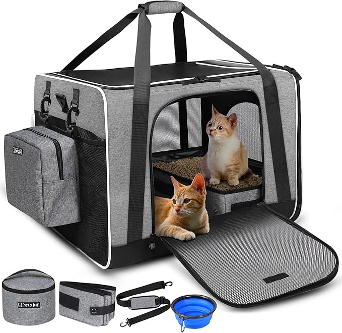 Petskd Extra Large Cat Carrier with Litter Box 24"x17"x17" for Medium Large Cat or 2 Small Cats, Collapsible Soft Sided Pet Carrier for Car Travel with Lockable Safety Zippers(Grey)