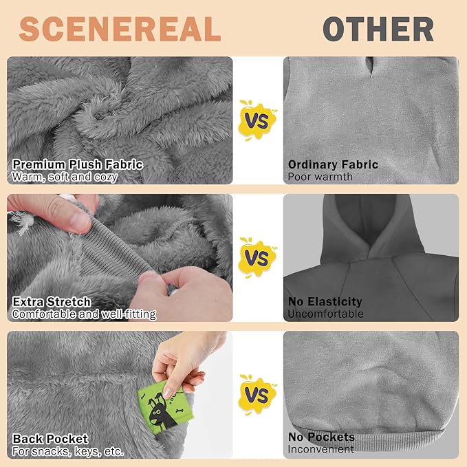 SCENEREAL Fuzzy Hoodie for Small to Large Dogs, Warm Fleece Dog Sweatshirt with Pocket, Winter Coat Clothes - Male/Female Dog Outfit with Leash Hole